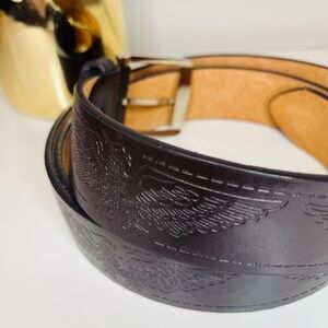 Brown 100% Italian Leather Belt with Eagle Motif Men's Size 44